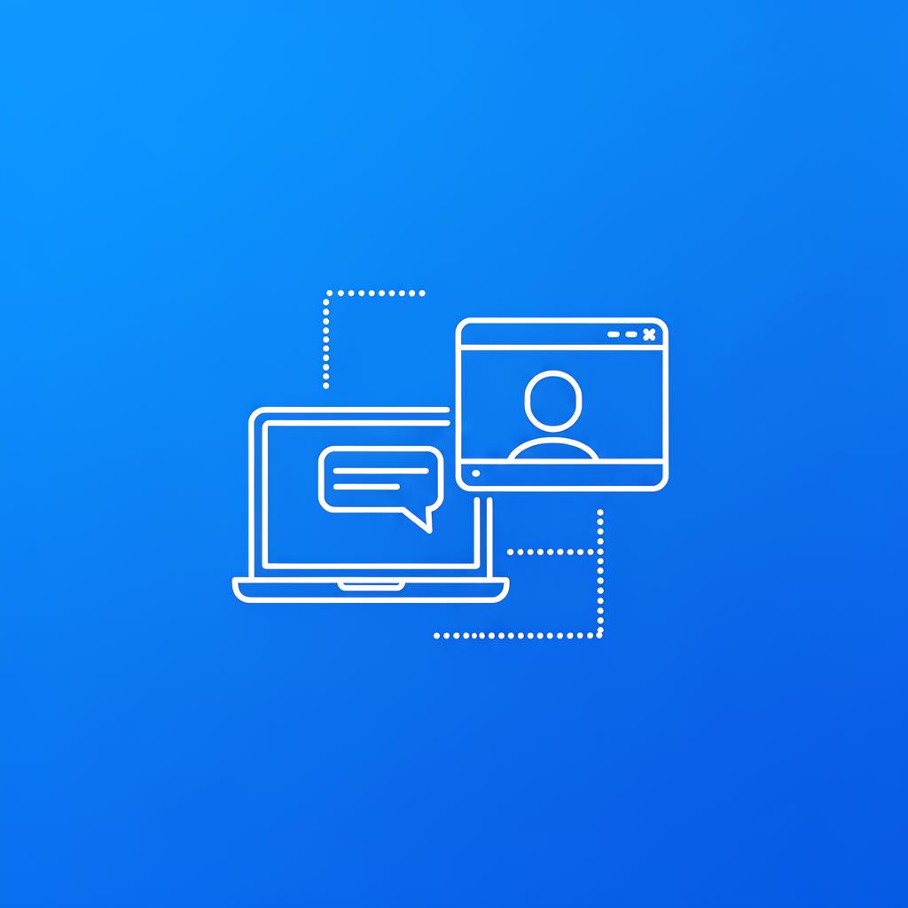 Flat illustration of a laptop with video call, chat bubbles, and collaboration icons