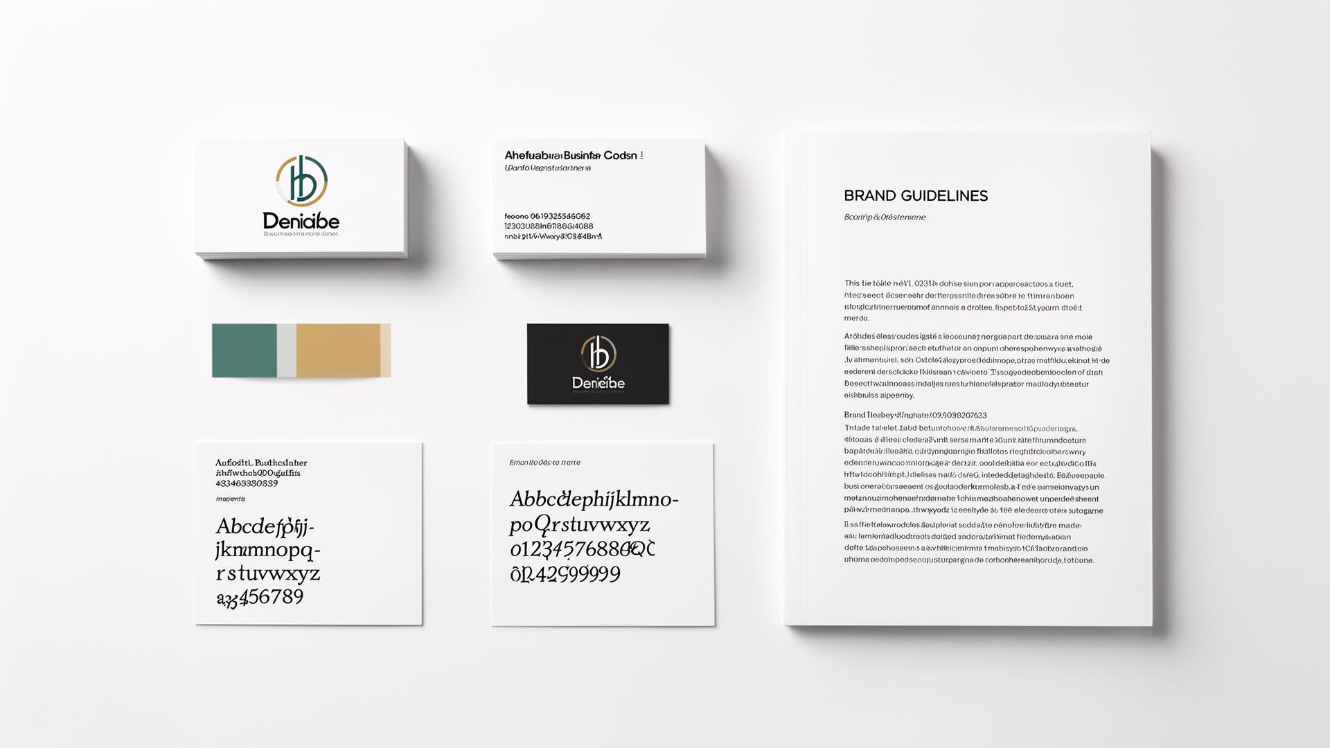 Brand identity design spread with business cards, letterhead, and brand guidelines