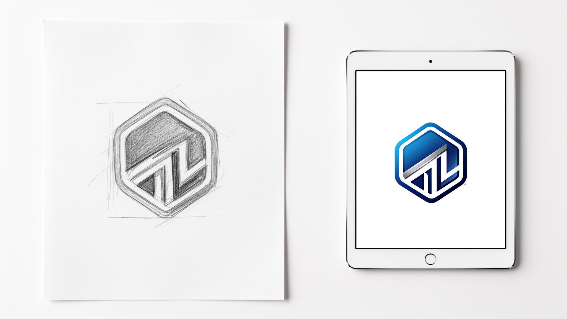 Custom logo design workspace with hand-drawn sketches and digital tablet