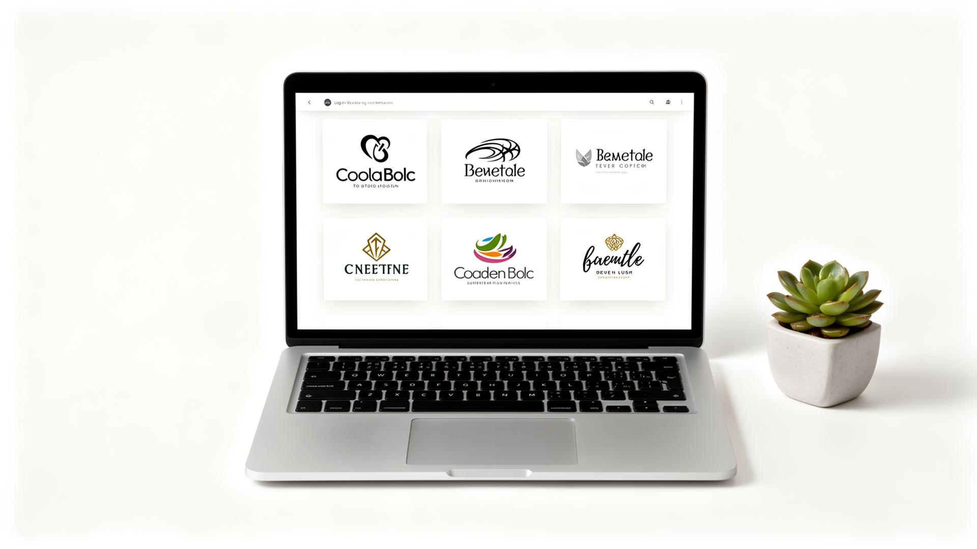 Professional logo designs displayed on a curved monitor in a design studio