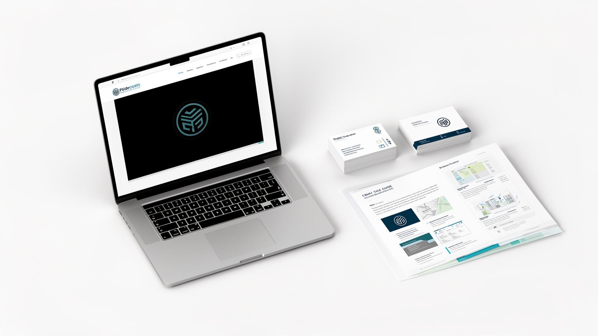 Website and logo design package with laptop showing website alongside branded materials